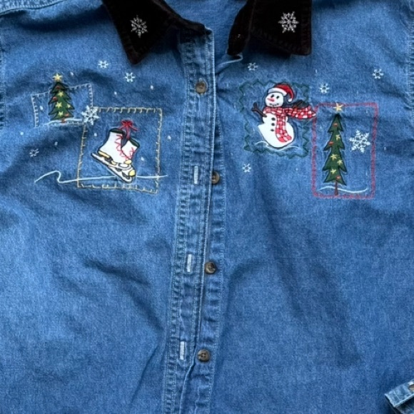 Basic Editions Christmas Snowman Denim Button up Shirt large vintage Y2K - Picture 2 of 5